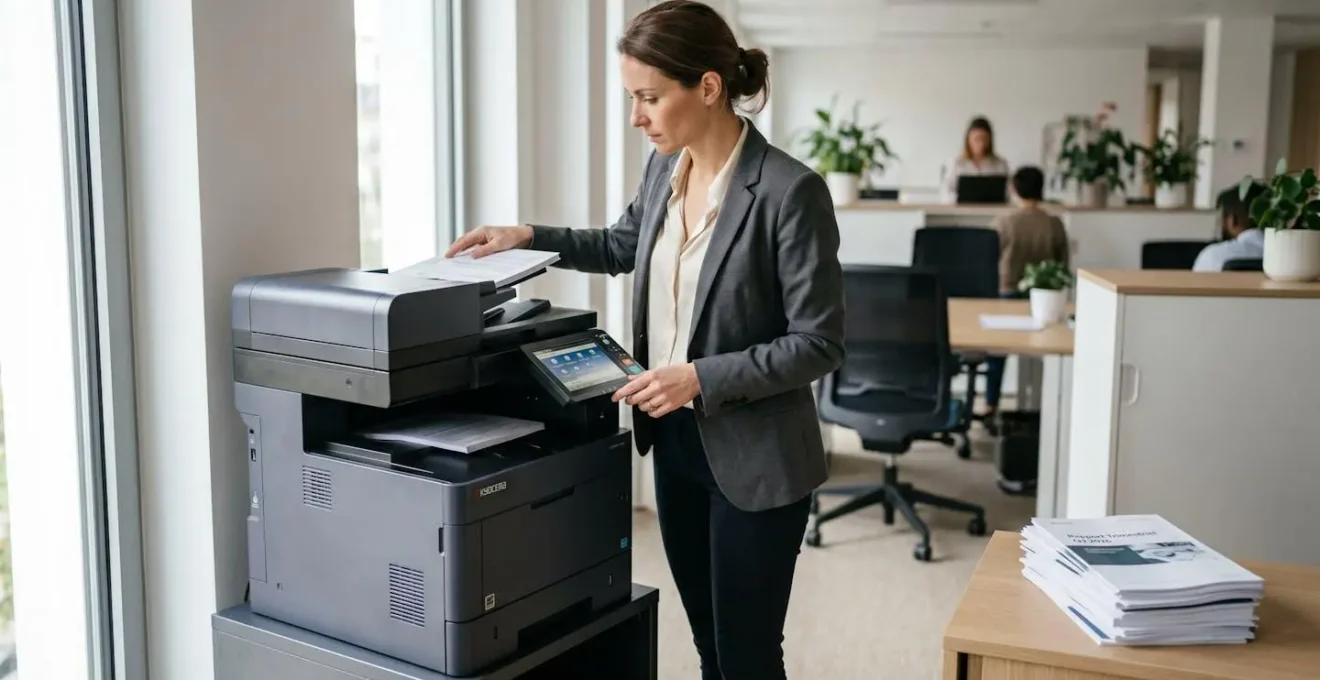 Collaboratrice utilisant le chargeur automatique d'une imprimante multifonction laser professionnelle dans un bureau PME français contemporain, avec documents en cours de traitement