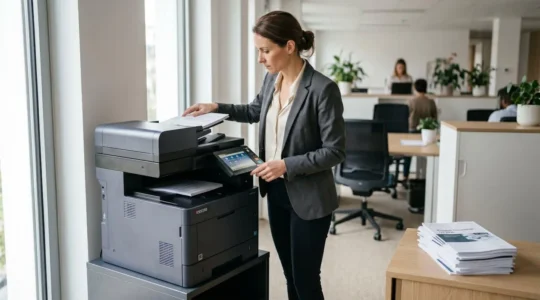 Collaboratrice utilisant le chargeur automatique d'une imprimante multifonction laser professionnelle dans un bureau PME français contemporain, avec documents en cours de traitement