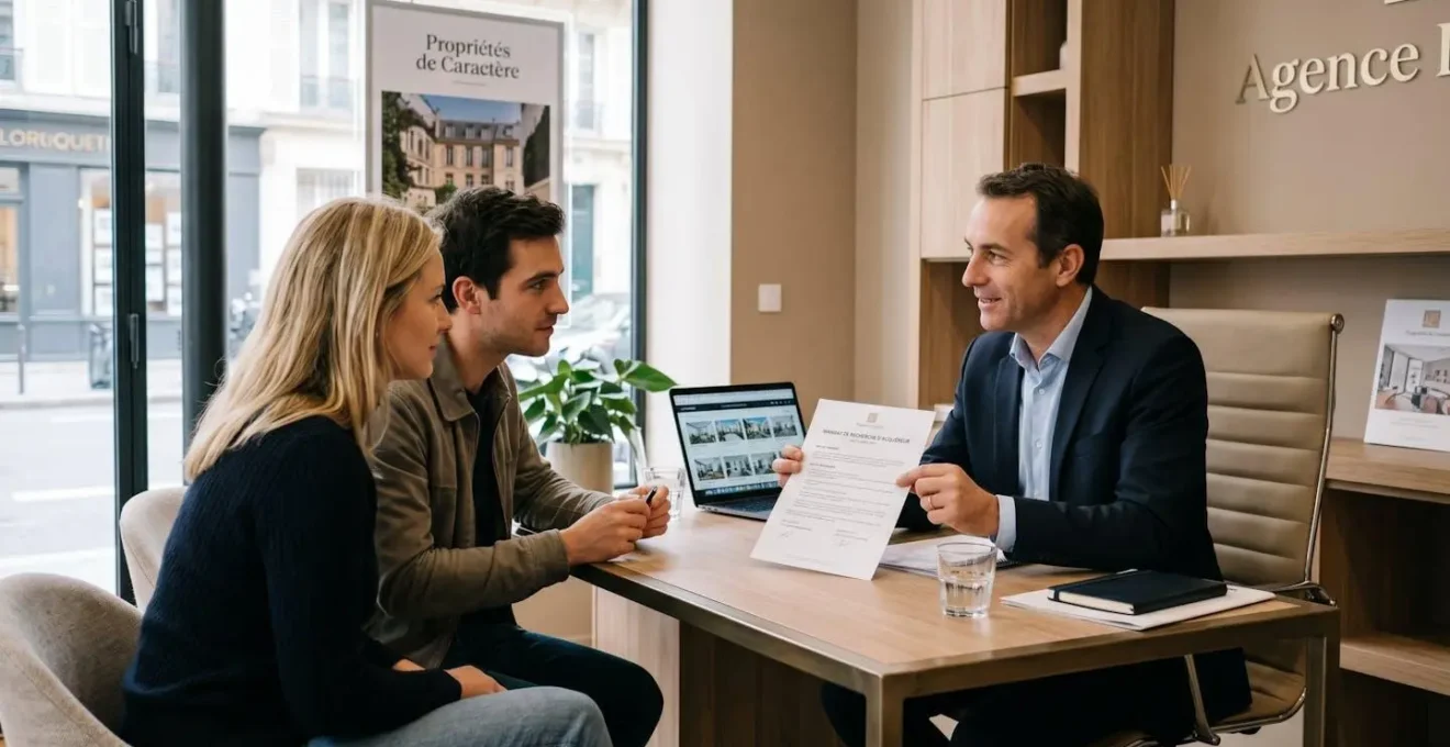 Un conseiller immobilier présente les modalités d'un mandat de recherche à un couple d'acheteurs dans une agence contemporaine