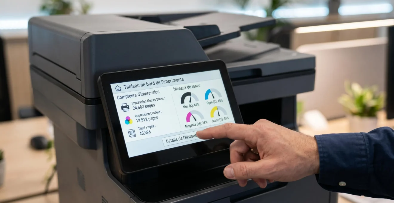 Écran de contrôle d'imprimante multifonction laser affichant statistiques d'impression en français avec main d'utilisateur naviguant dans le menu