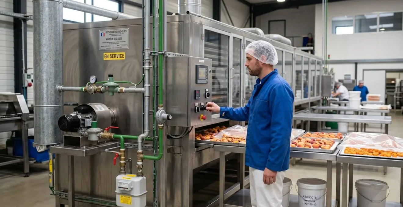 Équipement de séchage industriel alimenté au propane en fonctionnement dans atelier agroalimentaire avec opérateur en blouse surveillant le process