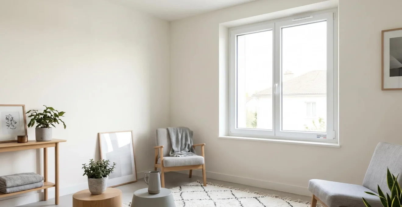 Fenêtre PVC sur mesure parfaitement ajustée dans pièce résidentielle rénovée avec lumière naturelle traversant le double vitrage et finitions soignées