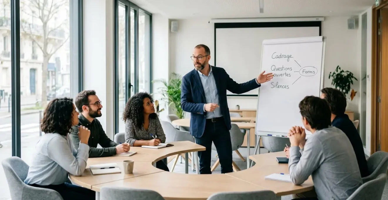 Formateur en closing expliquant des techniques à un petit groupe d'apprenants attentifs dans une salle de formation moderne, tableau blanc avec mots-clés en français