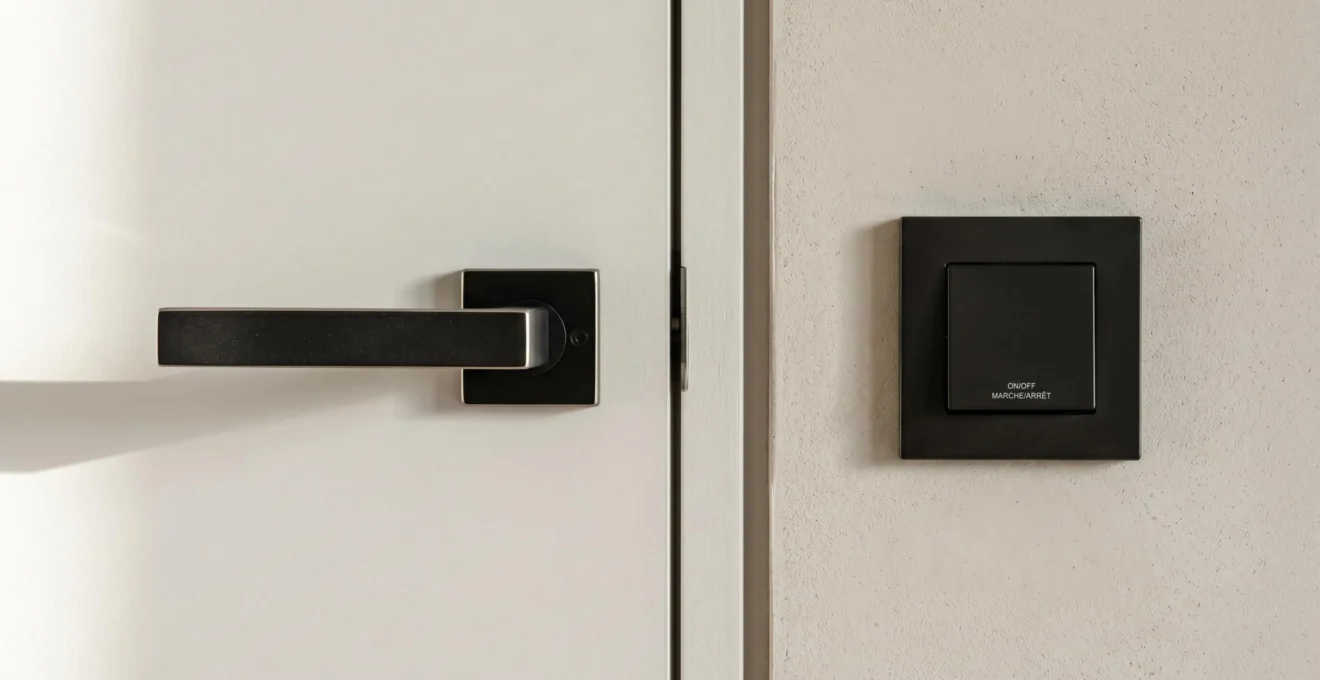 Gros plan sur poignée de porte design en métal noir mat et interrupteur encastré moderne installés avec précision dans intérieur contemporain aux finitions soignées