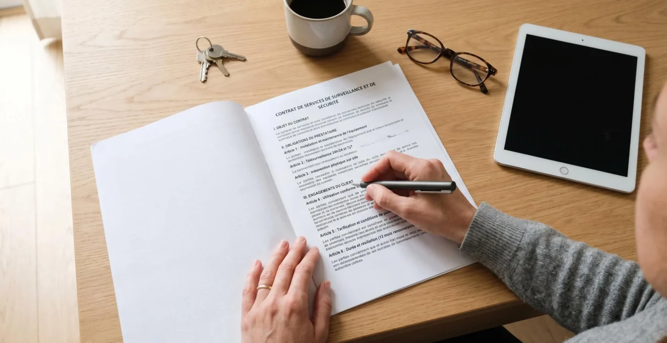 Main d'adulte tenant un stylo au-dessus d'un contrat de télésurveillance ouvert avec clauses en français, posé sur une table de bureau épurée à côté d'une tablette et de lunettes de lecture