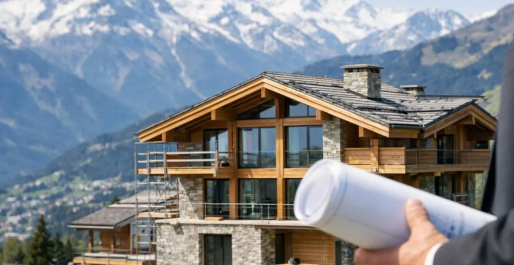 Vitrine d'une agence immobilière de proximité en station de montagne, annonces de chalets et appartements dans les Alpes françaises