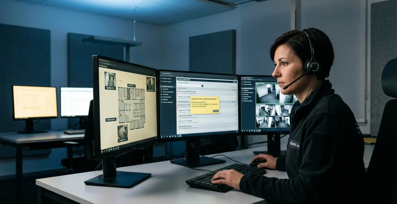 Opératrice de télésurveillance concentrée sur ses écrans multi-moniteurs affichant une interface d'alerte en français, dans un centre de surveillance professionnel à l'ambiance nocturne feutrée