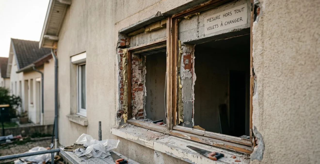 Ouverture de fenêtre en cours de rénovation sur façade de maison française des années 1970 révélant jeux de pose et contraintes dimensionnelles non standardisées
