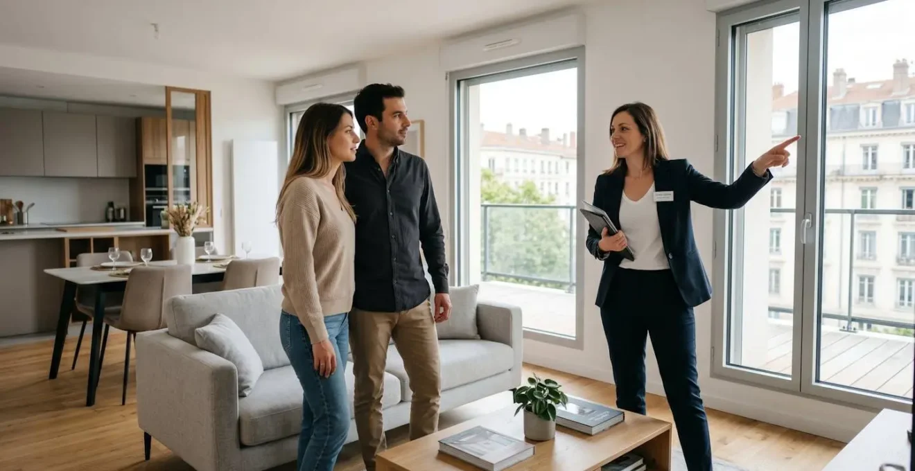 Un professionnel de l'immobilier présente un appartement contemporain à un couple d'acheteurs lors d'une visite, intérieur lumineux et soigné