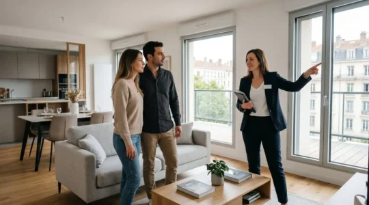Un professionnel de l'immobilier présente un appartement contemporain à un couple d'acheteurs lors d'une visite, intérieur lumineux et soigné