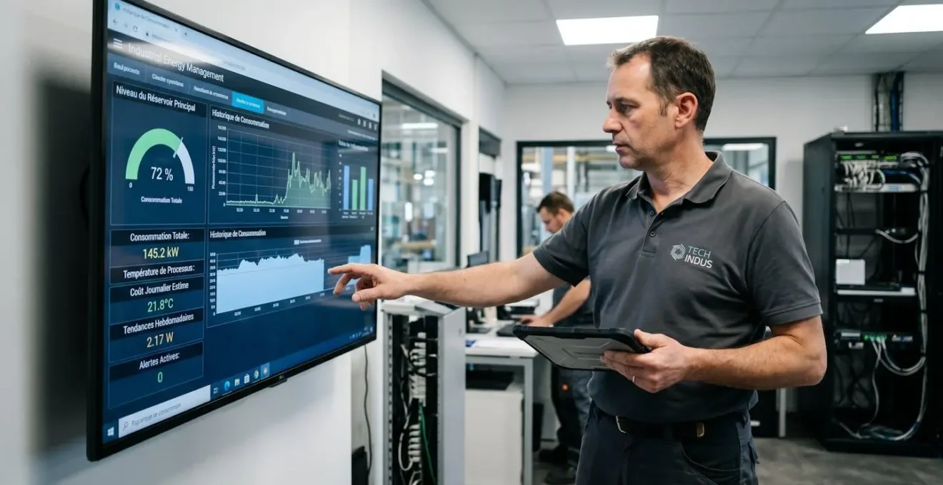 Responsable technique analysant écran de monitoring de consommation propane affichant courbes et données de niveau de citerne dans local technique industriel