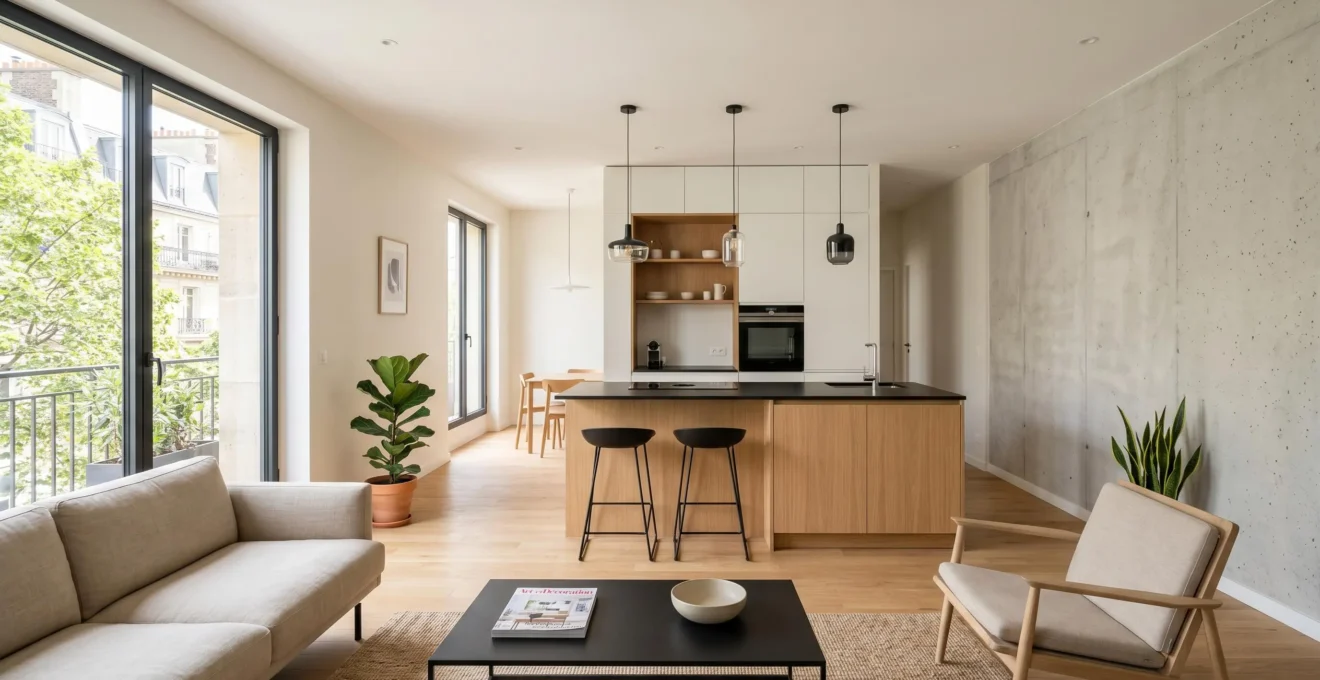 Salon-cuisine ouvert et modernisé avec murs clairs, baie vitrée lumineuse, îlot central en bois clair et mobilier contemporain épuré dans un appartement rénové