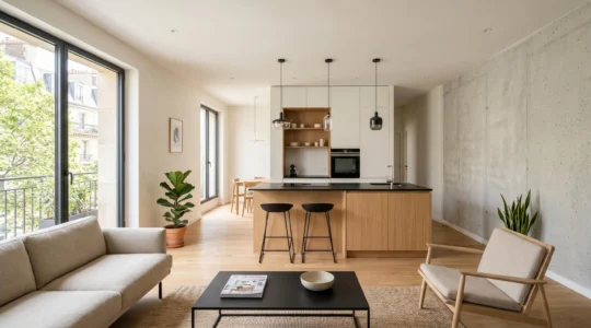 Salon-cuisine ouvert et modernisé avec murs clairs, baie vitrée lumineuse, îlot central en bois clair et mobilier contemporain épuré dans un appartement rénové