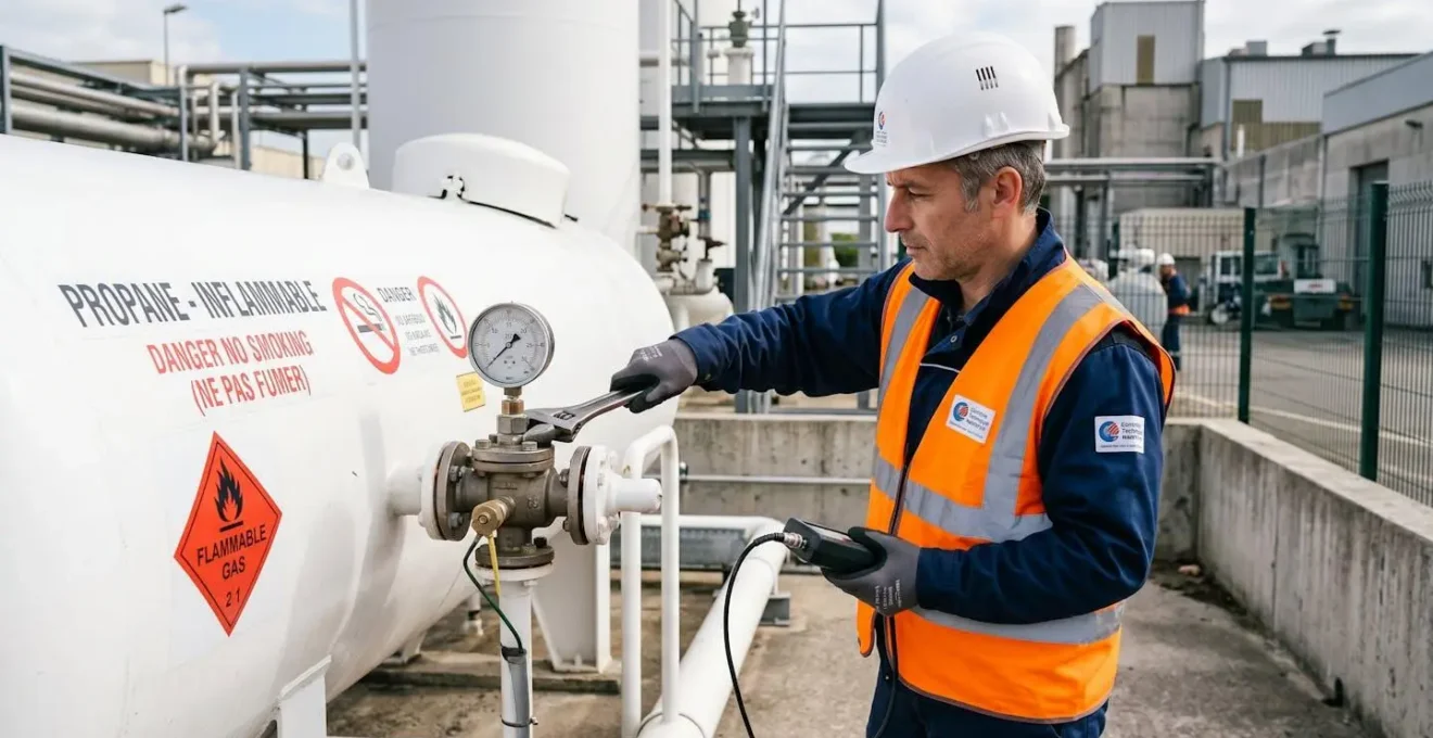 Technicien certifié en vêtement haute visibilité effectuant contrôle technique réglementaire sur vanne de citerne de propane avec outils de mesure professionnels