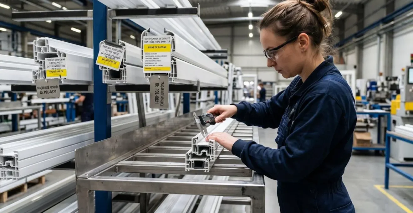 Technicien contrôlant avec instrument de précision la qualité d'un profilé de fenêtre dans atelier avec étiquettes de certification visibles en arrière-plan