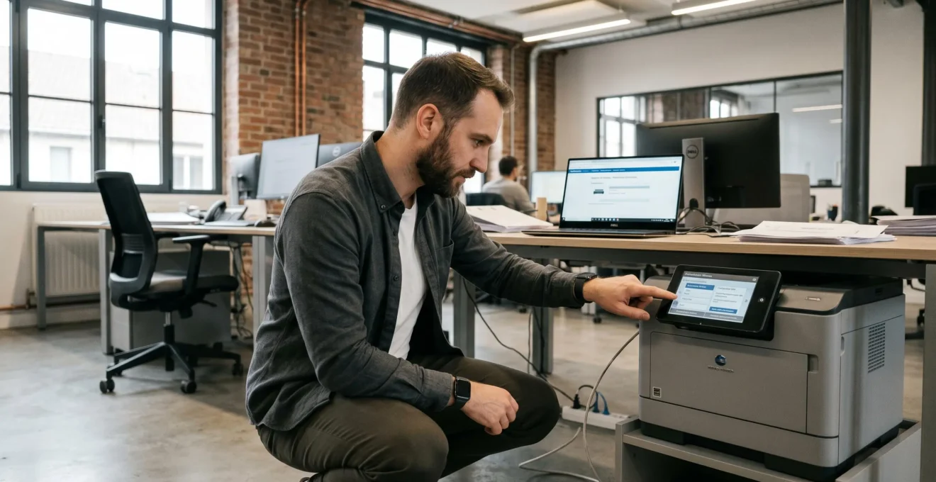 Technicien IT configurant les paramètres réseau WiFi d'une imprimante multifonction laser professionnelle dans un bureau PME français