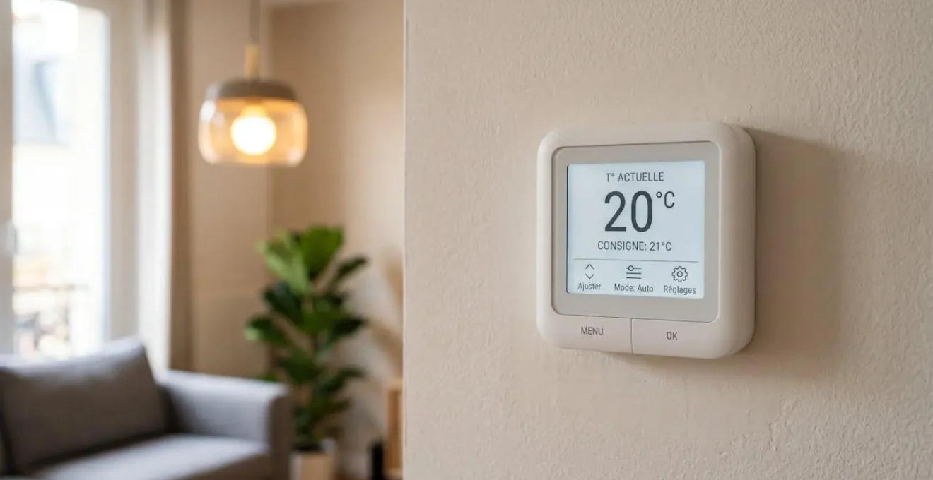 Thermostat connecté design blanc fixé sur mur beige avec affichage 20°C et luminaire intelligent allumé en arrière-plan dans intérieur moderne