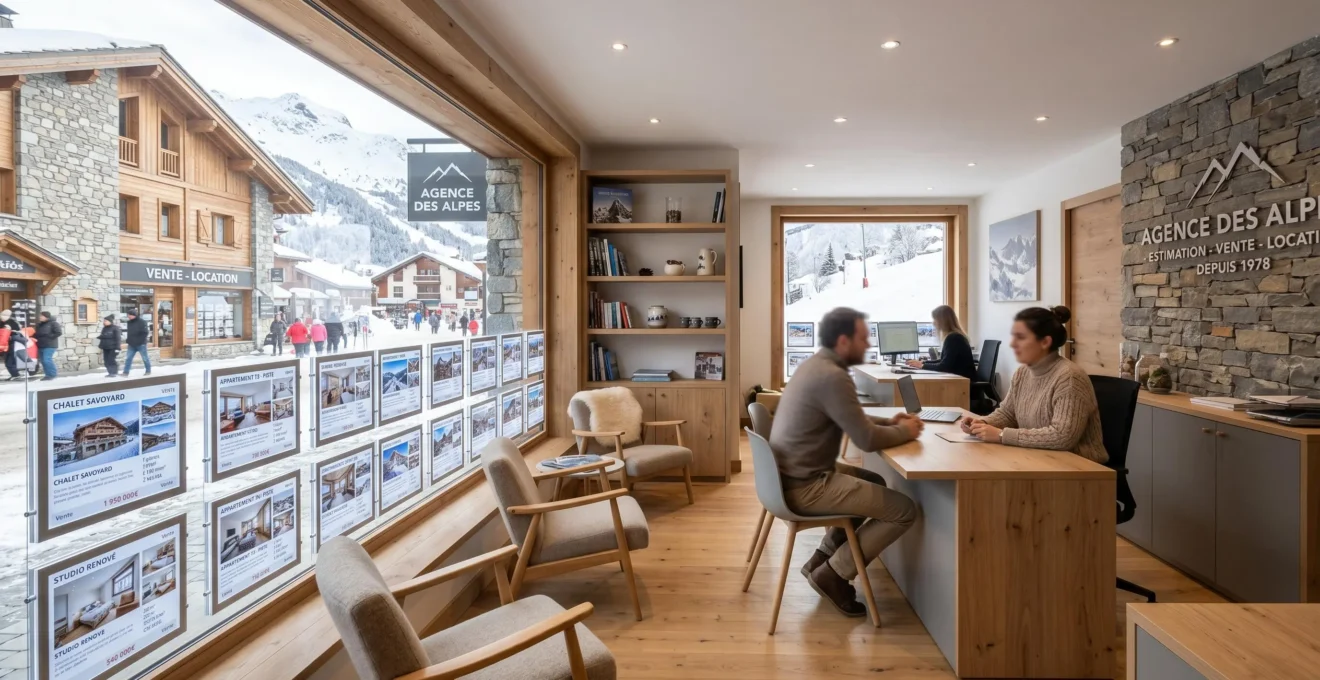 Vitrine d'une agence immobilière de proximité en station de montagne, annonces de chalets et appartements dans les Alpes françaises
