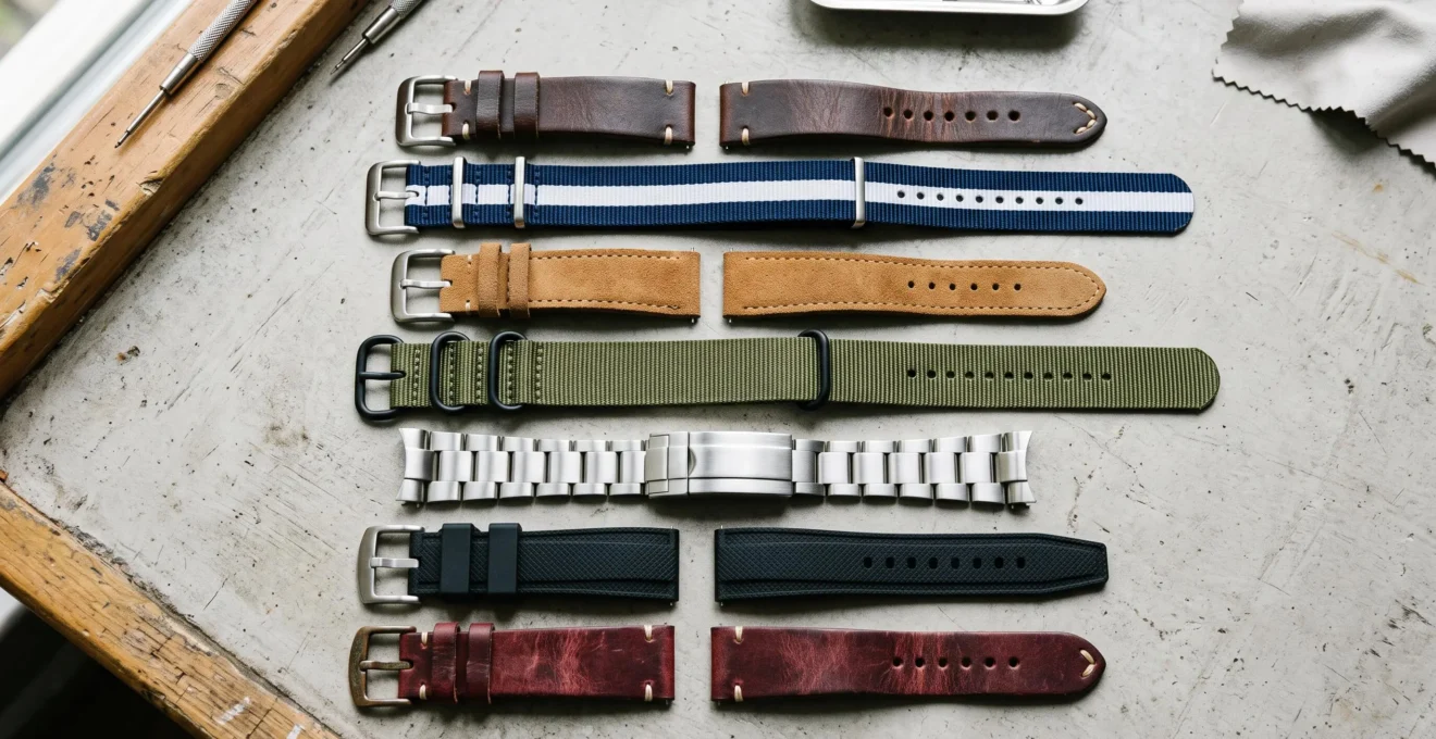 Collection variée de bracelets de montre interchangeables en cuir, tissu NATO, métal et caoutchouc