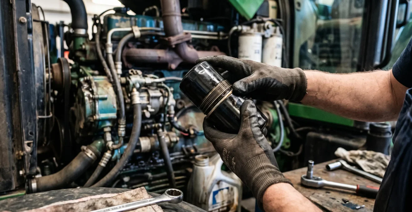 Gros plan sur des mains gantées inspectant un filtre lors d'une opération de maintenance sur machine agricole