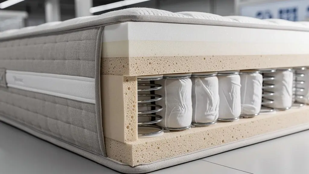 Coupe transversale d'un matelas montrant les différentes couches de mousse et ressorts ensachés