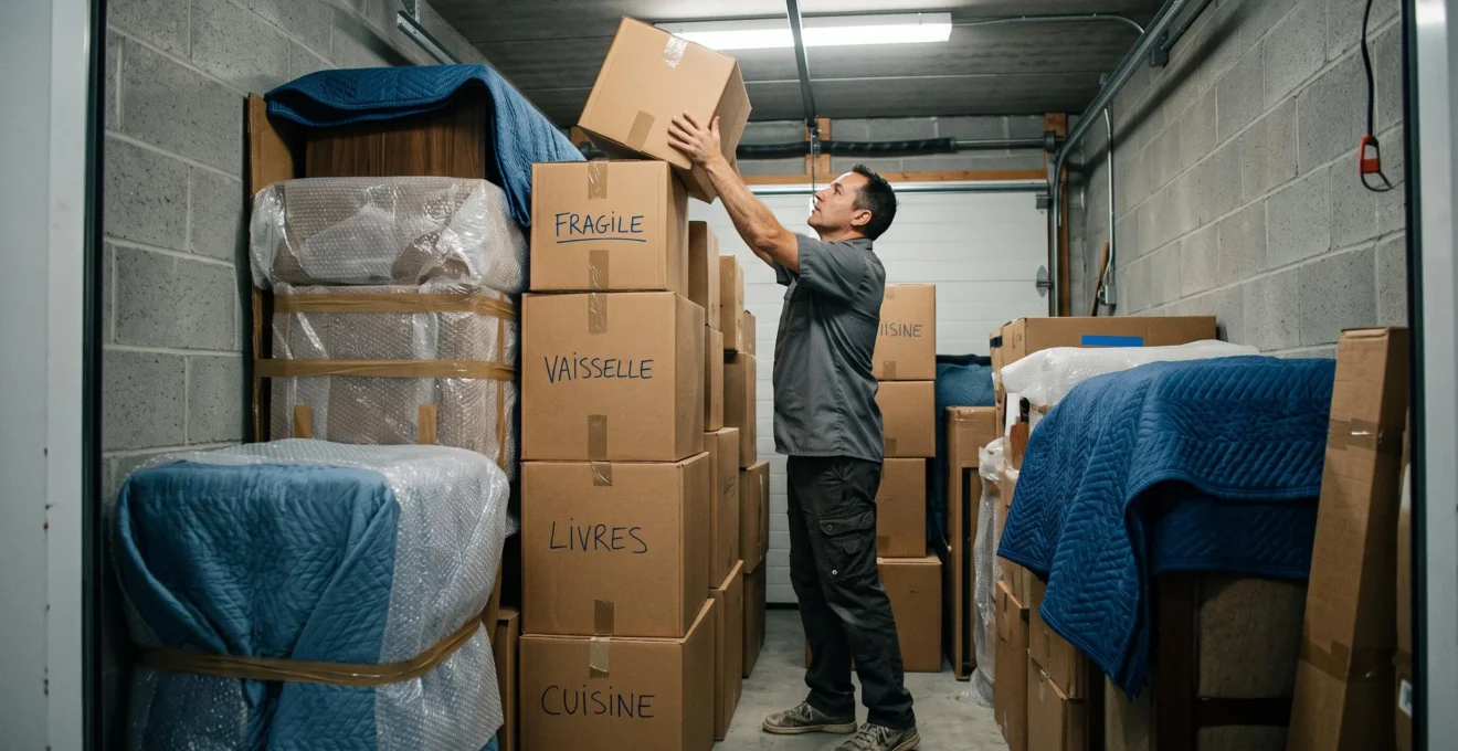 Personne empilant des cartons de manière organisée dans un box de self-stockage