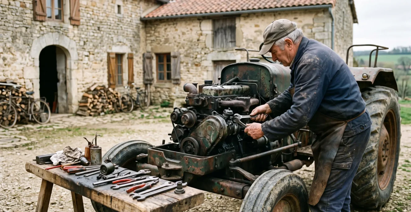 Technicien travaillant sur l'entretien d'une machine agricole ancienne dans une cour de ferme