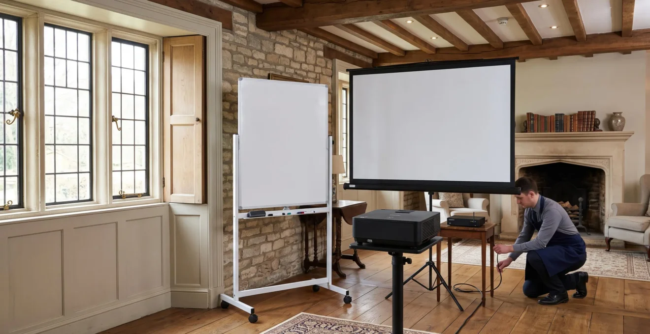 Équipement de présentation professionnel installé dans une salle de séminaire au caractère architectural préservé avec poutres apparentes