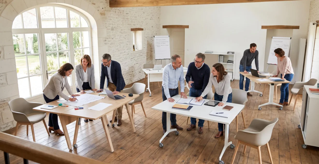 Espace de séminaire modulable configuré en îlots de travail avec plusieurs groupes collaborant simultanément dans une salle lumineuse au plafond haut