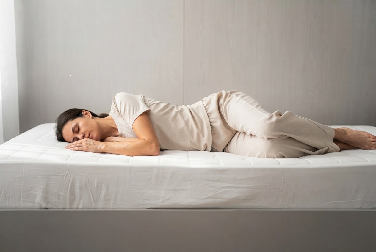 Vue de profil d'une personne allongée sur le côté sur un matelas montrant l'alignement naturel de la colonne vertébrale