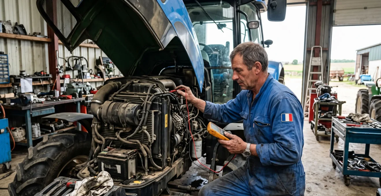 Mécanicien effectuant une inspection moteur sur un tracteur agricole dans un hangar de ferme