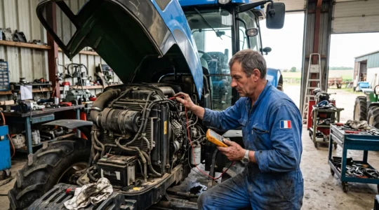 Mécanicien effectuant une inspection moteur sur un tracteur agricole dans un hangar de ferme