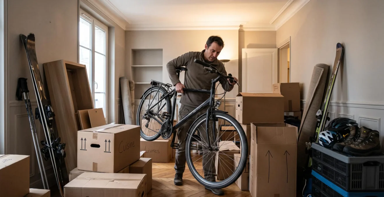 Personne déplaçant un vélo parmi des cartons et équipements sportifs lors d'un déménagement