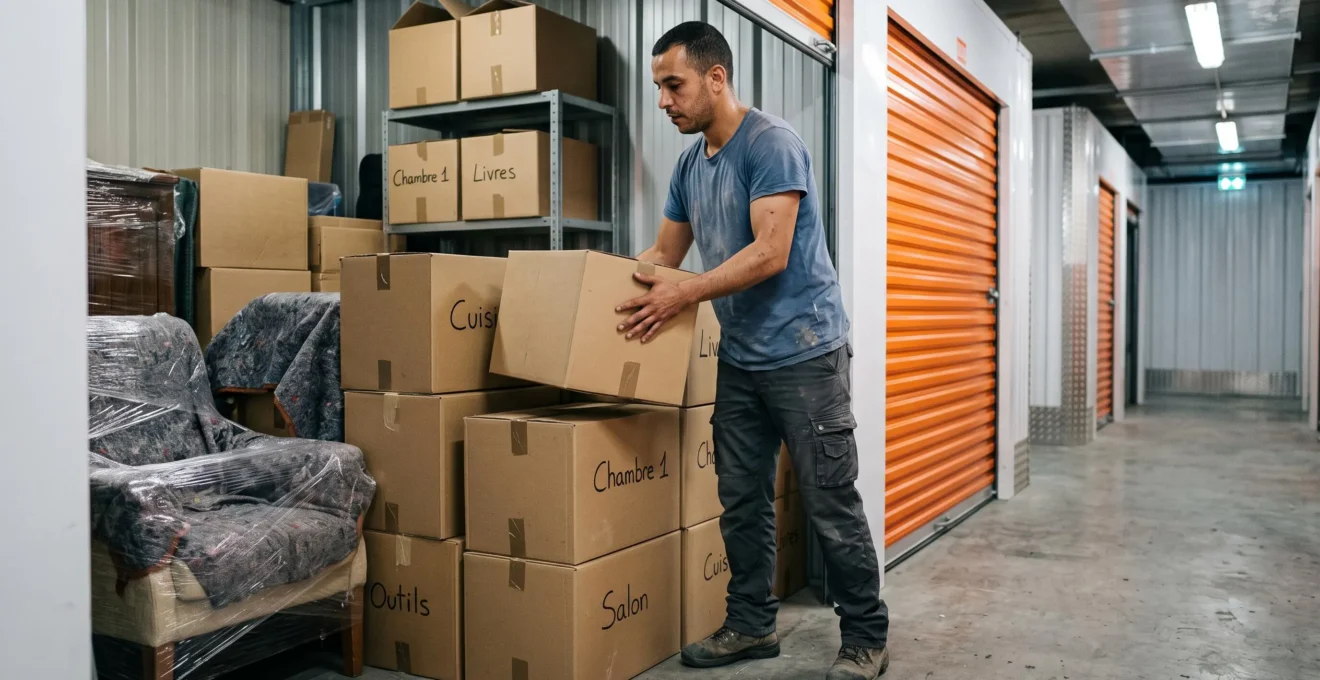 Personne organisant des cartons étiquetés dans un box de self-stockage avec couloir de circulation visible