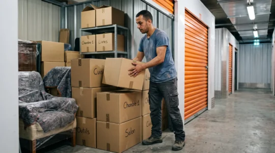 Personne organisant des cartons étiquetés dans un box de self-stockage avec couloir de circulation visible