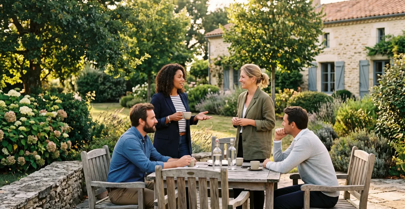 Professionnels en discussion informelle sur une terrasse extérieure aménagée dans le jardin verdoyant d'un gîte de séminaire vendéen