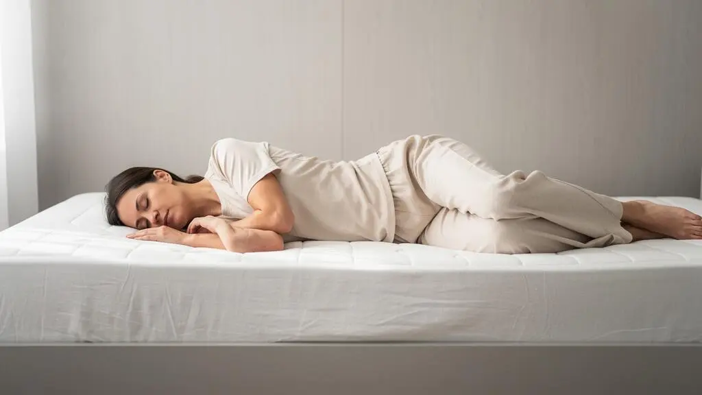 Vue de profil d'une personne allongée sur le côté sur un matelas montrant l'alignement naturel de la colonne vertébrale