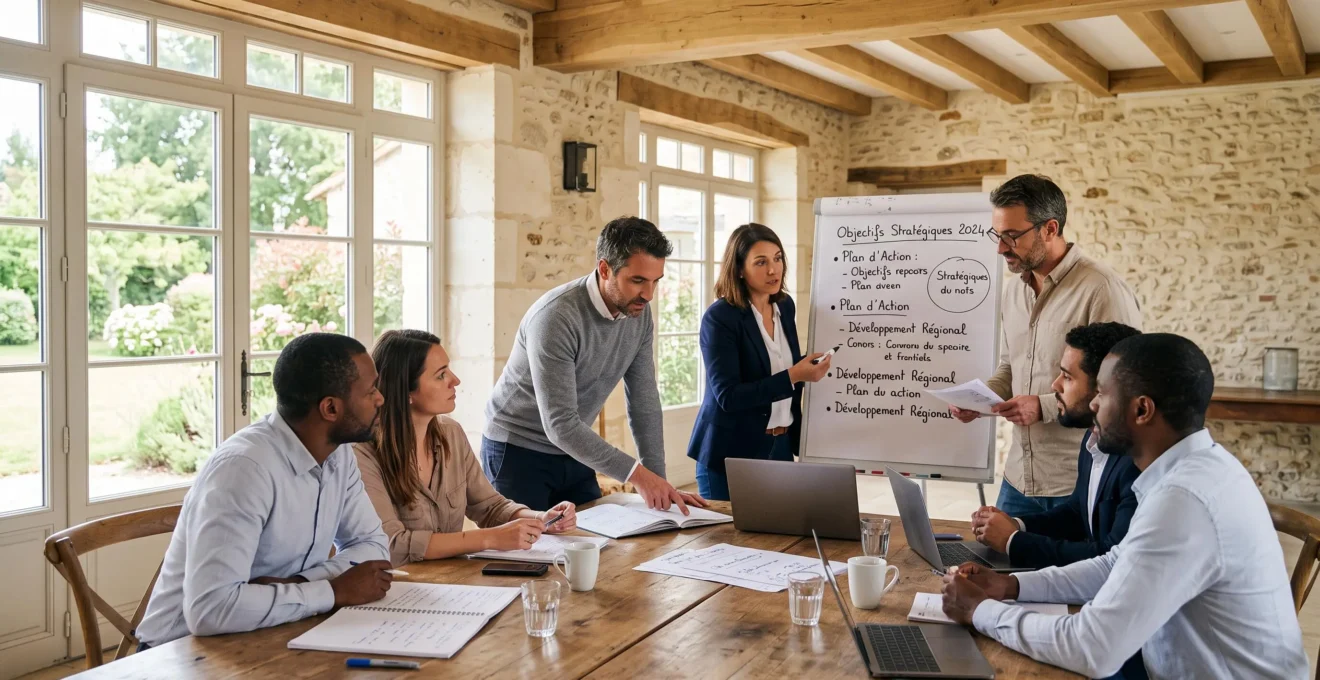 Équipe professionnelle en session de séminaire collaboratif dans une salle de caractère avec poutres apparentes et fenêtres donnant sur un jardin verdoyant