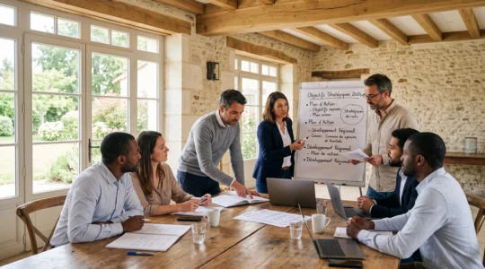 Équipe professionnelle en session de séminaire collaboratif dans une salle de caractère avec poutres apparentes et fenêtres donnant sur un jardin verdoyant