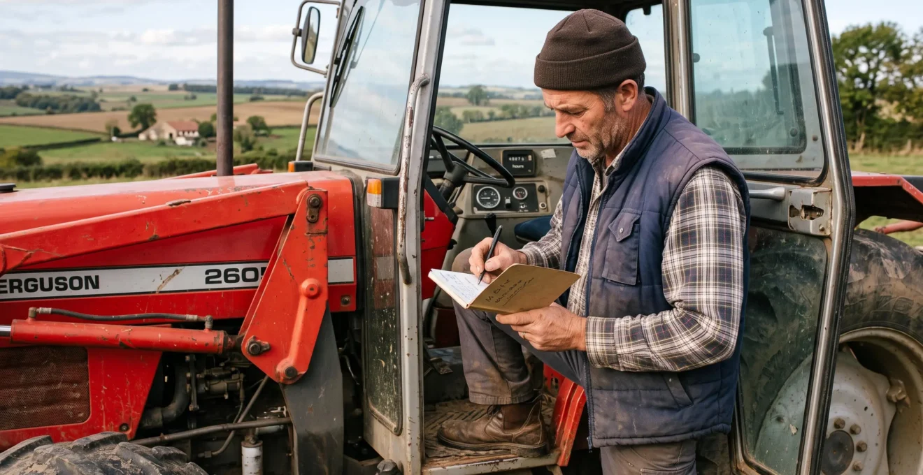 Agriculteur notant des informations de maintenance dans un carnet terrain à côté de son tracteur