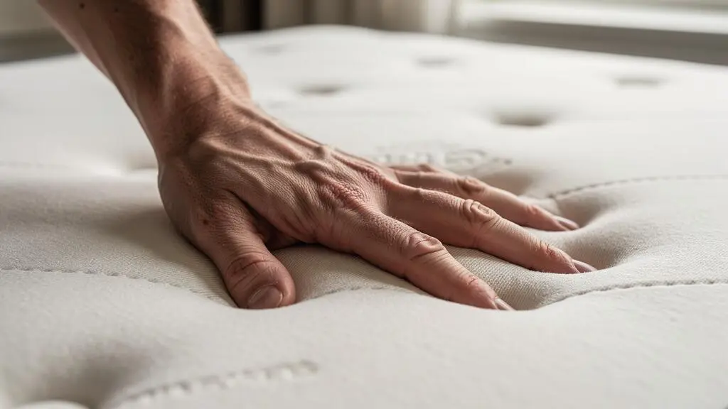Gros plan d'une main appuyant sur la surface d'un matelas pour tester sa fermeté