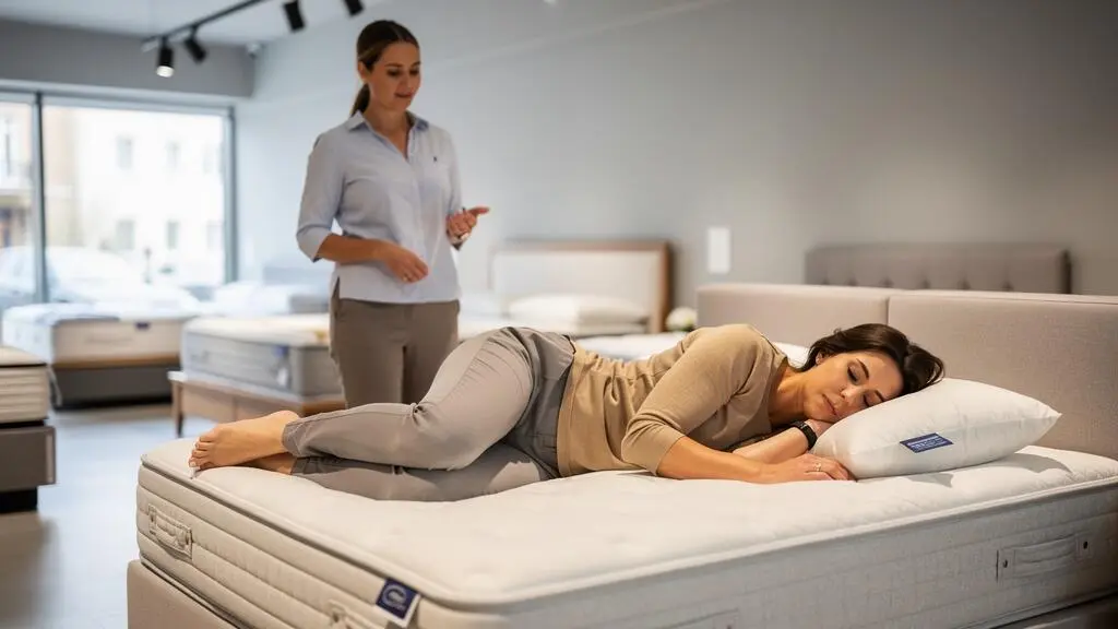 Cliente testant un matelas en position latérale dans un showroom de literie avec un conseiller observant la posture