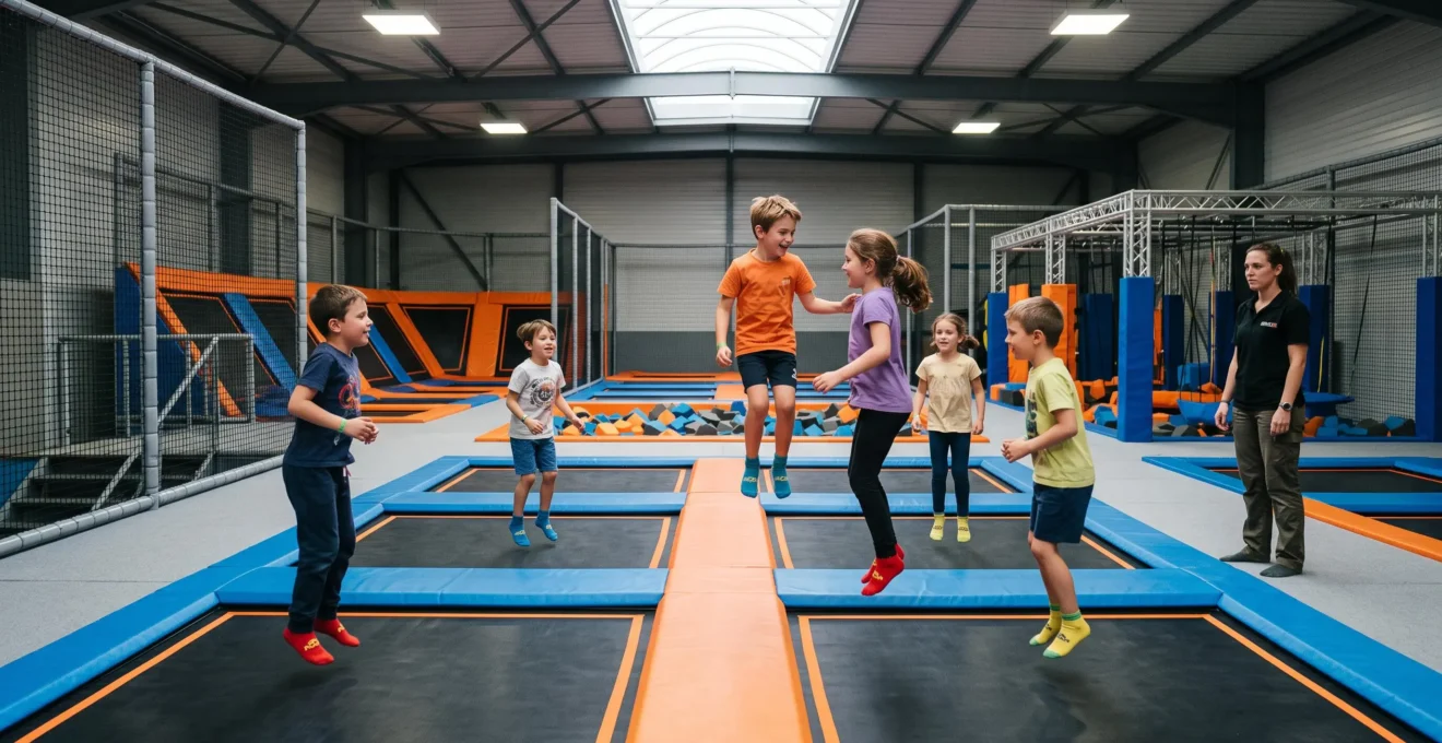 Des enfants sautent sur les trampolines d'un parc intérieur lors d'un anniversaire, sous la surveillance d'un adulte.