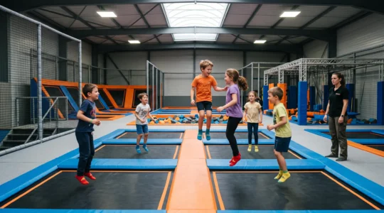 Des enfants sautent sur les trampolines d'un parc intérieur lors d'un anniversaire, sous la surveillance d'un adulte.