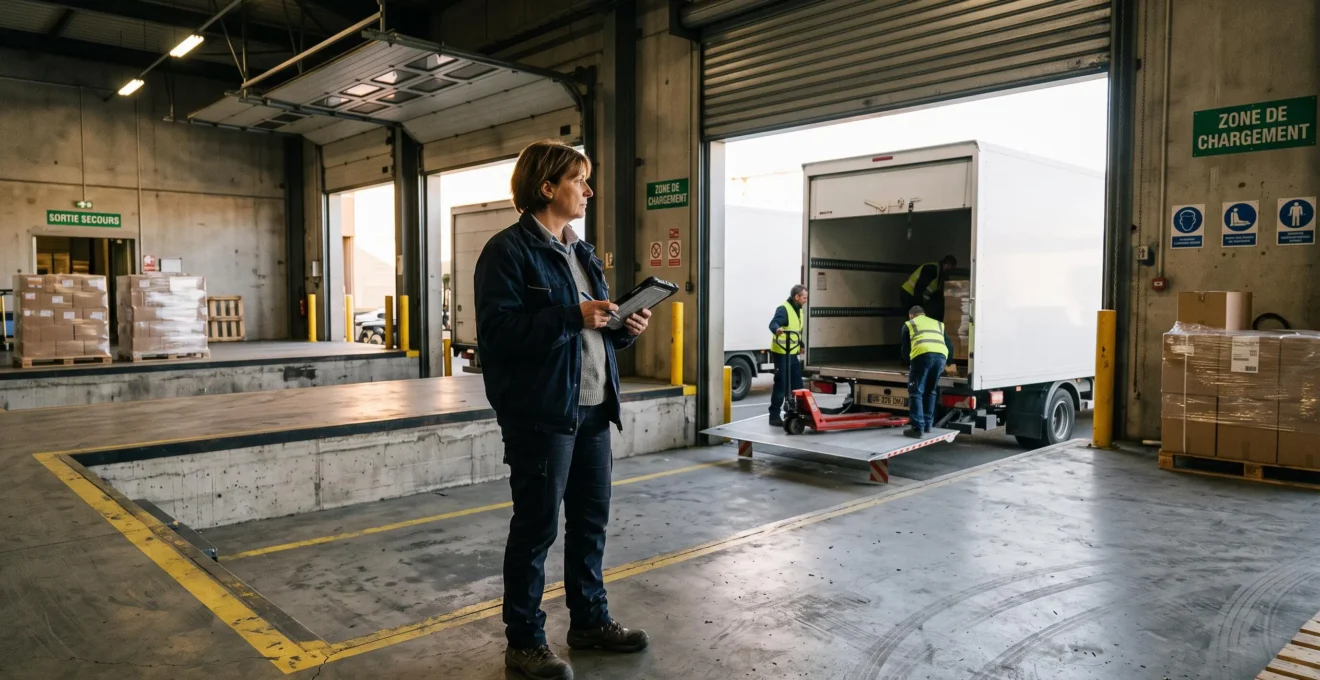 Auditeur observant les opérations de chargement et les camions de fret sur une plateforme logistique d'entreprise française