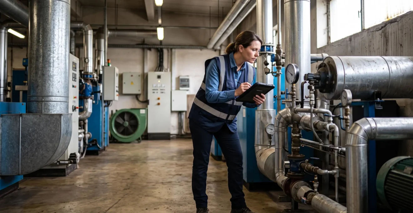 Auditeur professionnel inspectant des équipements industriels lors d'une évaluation d'émissions carbone dans une usine française