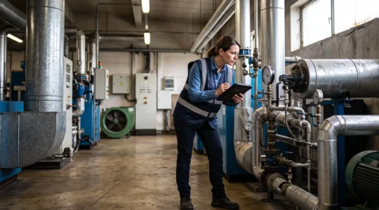 Auditeur professionnel inspectant des équipements industriels lors d'une évaluation d'émissions carbone dans une usine française