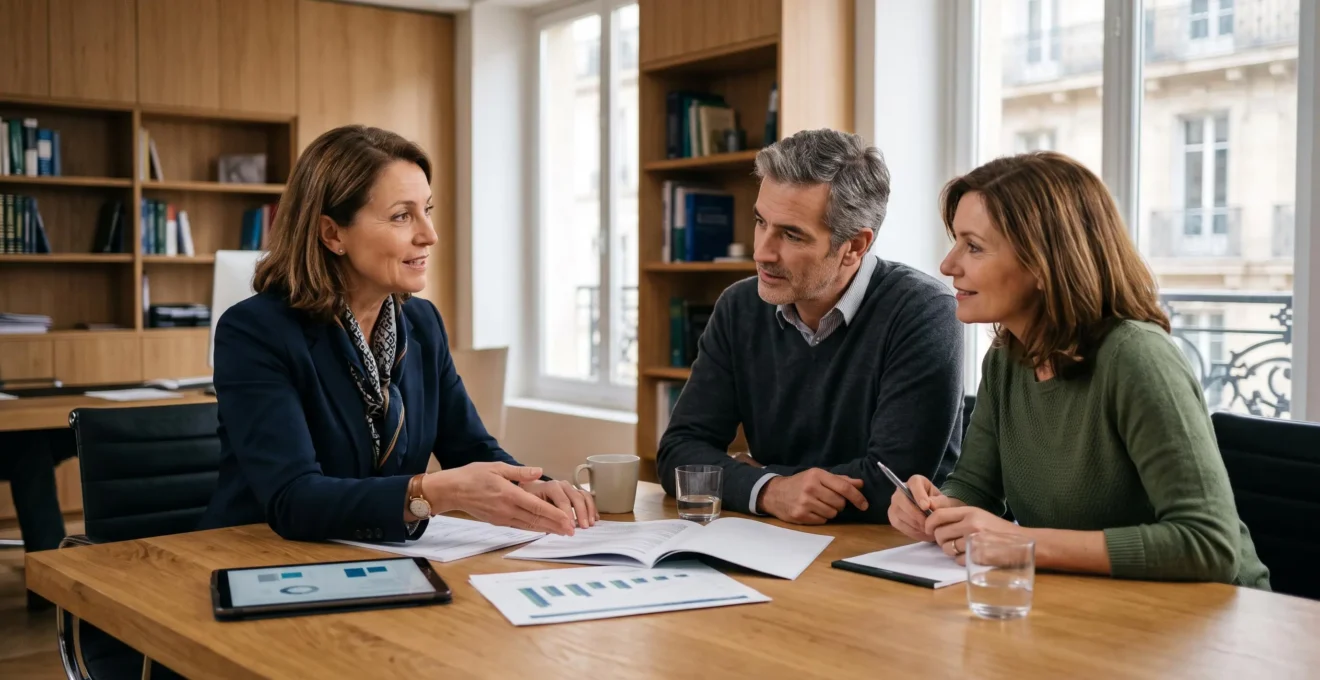 Conseiller en gestion de patrimoine en consultation active avec un couple discutant de stratégie d'épargne retraite dans un bureau professionnel