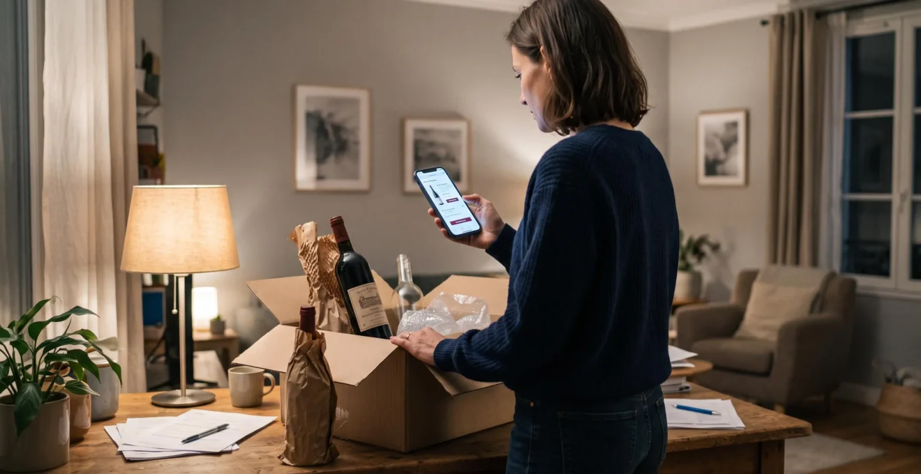 Une personne debout vérifiant des bouteilles de vin livrées dans un carton, un smartphone affichant une boutique en ligne à la main.