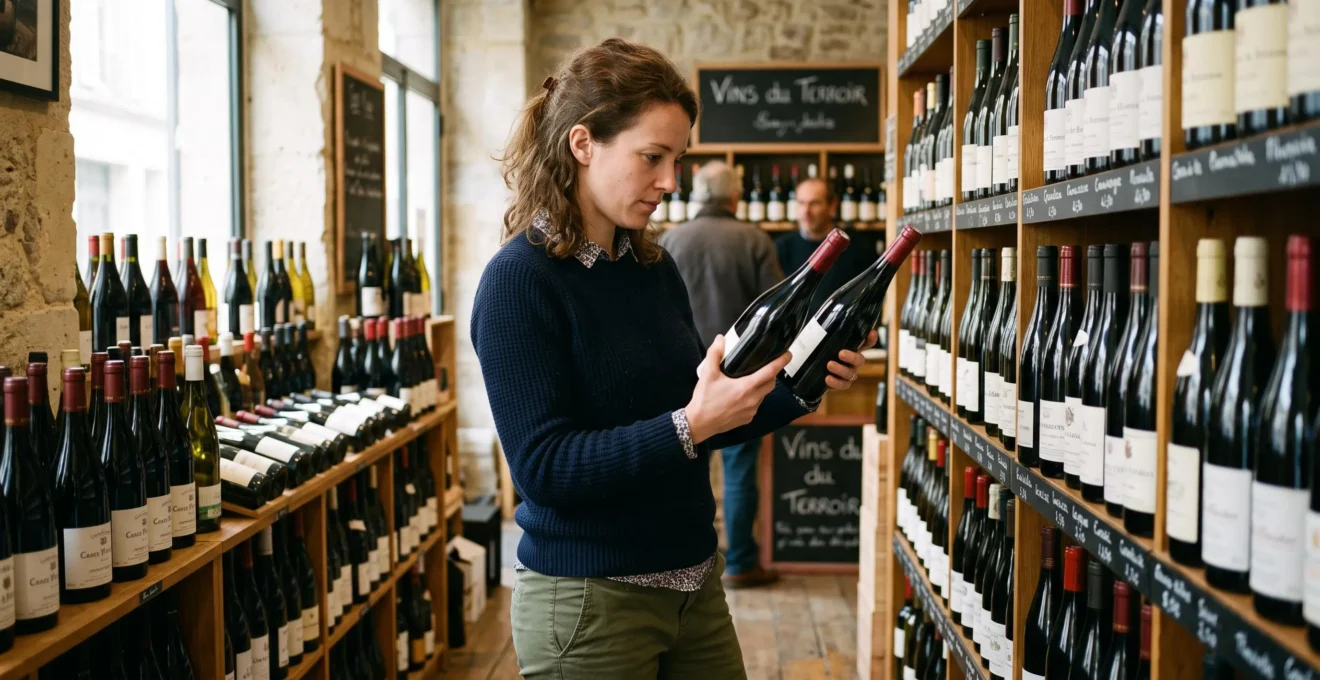 Une femme comparant les étiquettes de deux bouteilles de vin rouge dans une cave à vin en France.